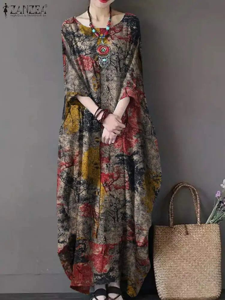 Vintage Printed Dresses ZANZEA Autumn Sundress Women Bohemian Casual Long Sleeve O Neck Dress Elegant Loose Maxi Vestidos Robe - Seprincess