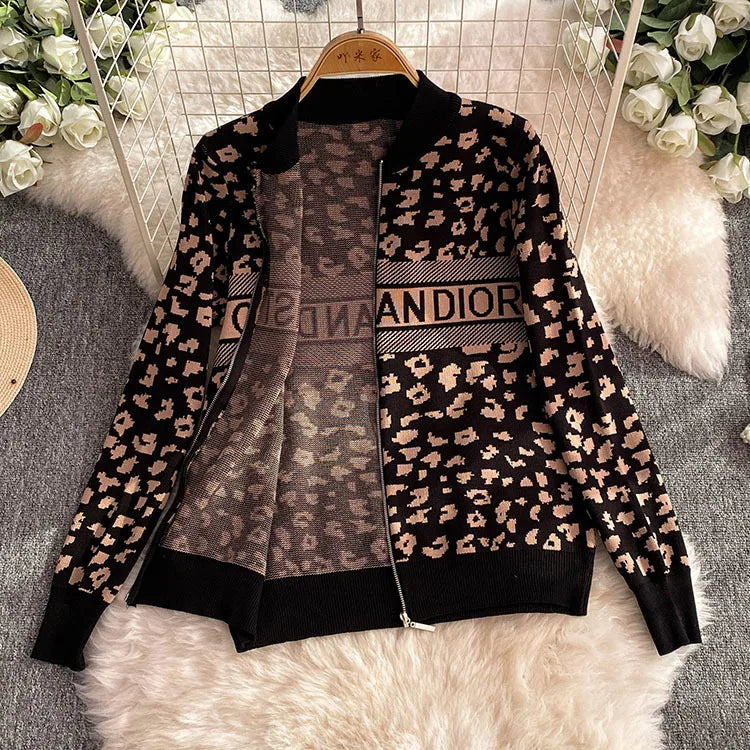 Chic Fashion Korean 2PC Suits Ladies O-Neck leopard-print Knitting Cardigan+High Waist Wide Legs Pants Basic Casual Sets