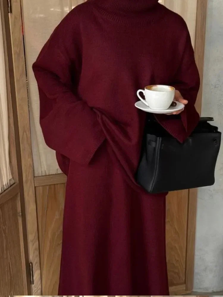 ﻿ Autumn Fashion Burgundy Red High Collar Knitted Set Women Solid Full Sleeve Long Skirt Outfit New Winter High Street Lady Suit - Seprincess