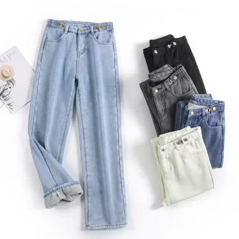 Women Pants 2023 Winter Fashion Korean Edition New Style Versatile High Waist Straight Cylinder Thick Fleece Wide Leg Jeans