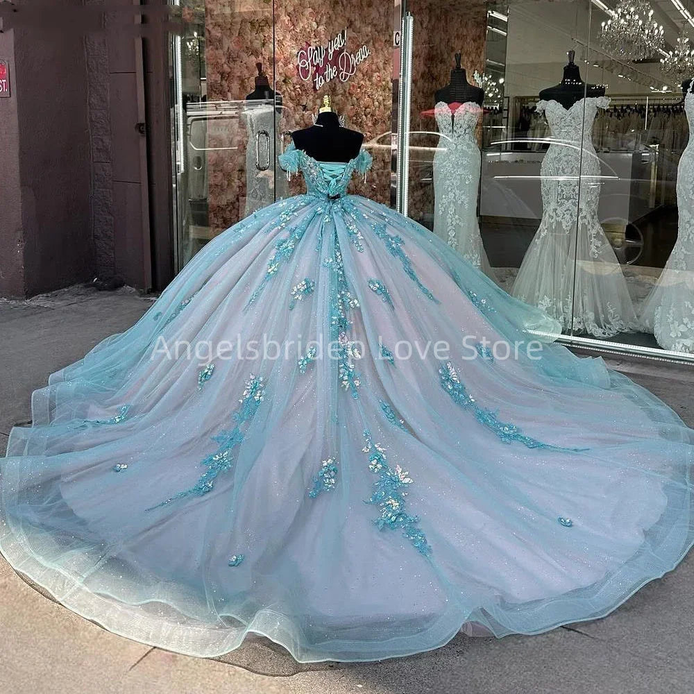 Angelsbridep Luxury Turquoise Ball Gown 15 Year Quinceanera Dresses With Tassel Sleeves Brithday Party Dress Vestidos De Fiesta - Seprincess