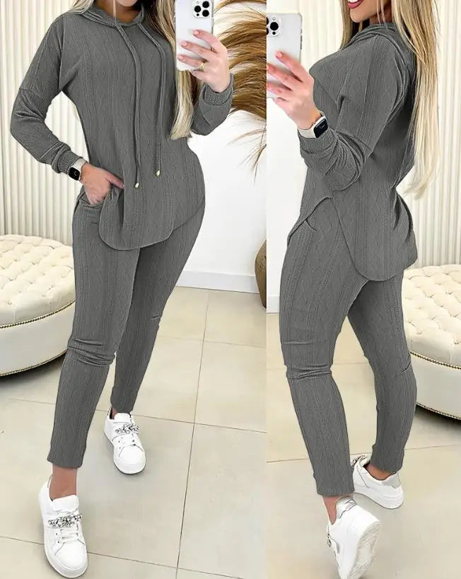 Casual Two Piece Sets Womens Outfits Cable Textured Long Sleeve Hooded Sweatshirt & Pocket Design Pants Set Fashion 2023 Autumn - Seprincess