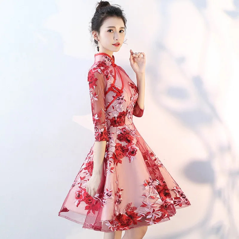 Red Lace Embroidery A-Line Banquet Dresses Vintage Mandarin Collar Chinese Gown Cheongsam Skirt Wedding Party Dress Vestidos - Seprincess