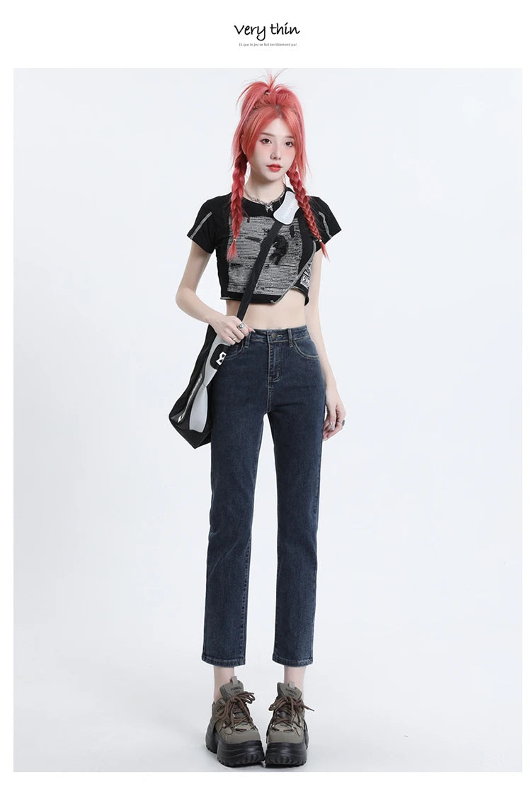 High Waisted Straight Slim Elastic Denim Jeans For Women Smoke Pipe 9,8 Pants Casual Brand Sexy Trousers Female