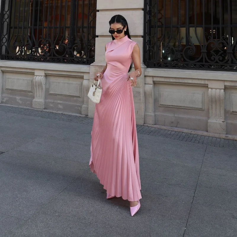 Elegant Sleeveless Round Neck Pleated Long Dresses Fashion High Waisted Solid Color Women's Dress Chic Ladies New Evening Gown - Seprincess