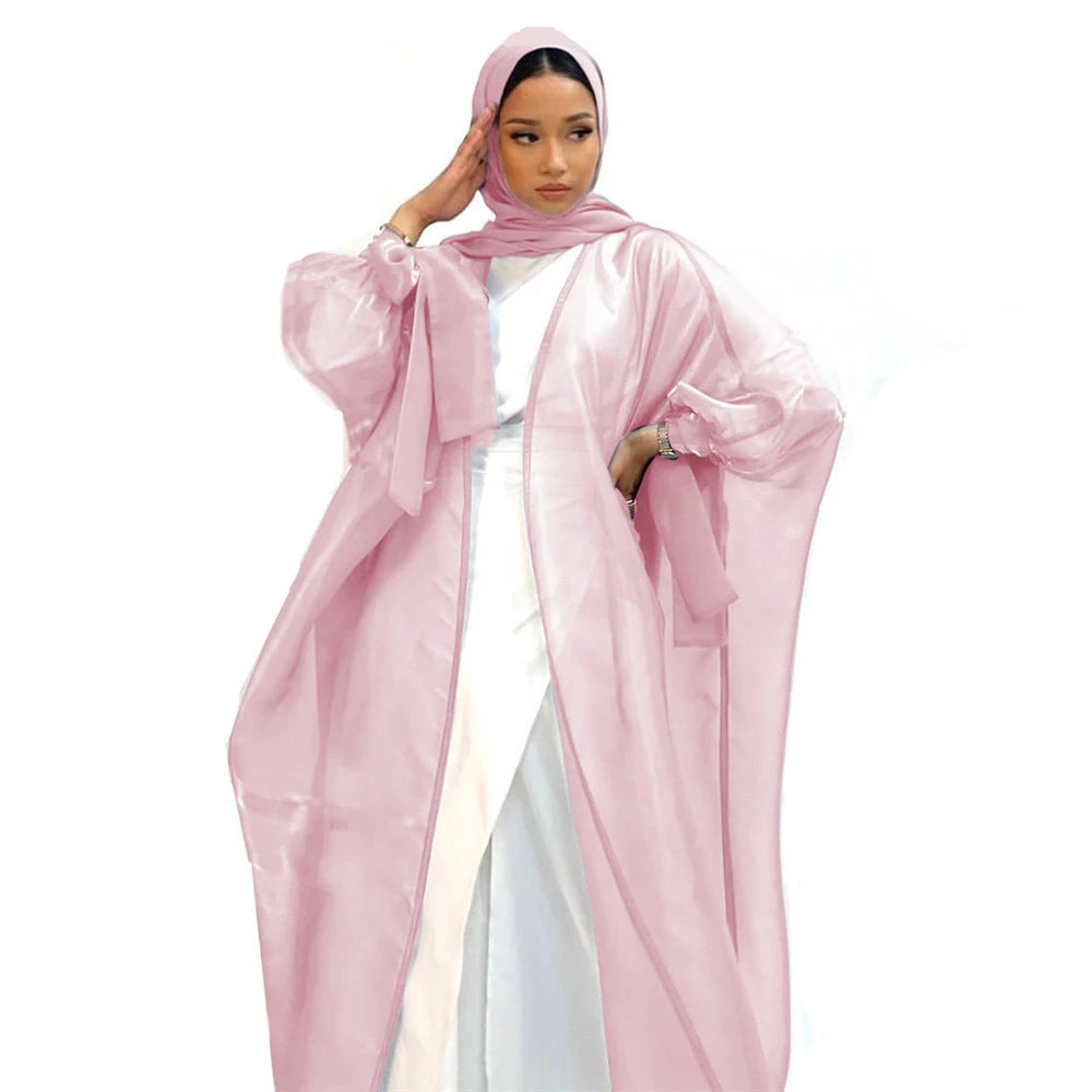 Shiny Satin Open Abaya Dubai Kaftan Women Muslim Kimono Cardigan Islamic Puff Sleeve Caftan Maxi Dress Robe Gown Turkey Jalabiya - Seprincess