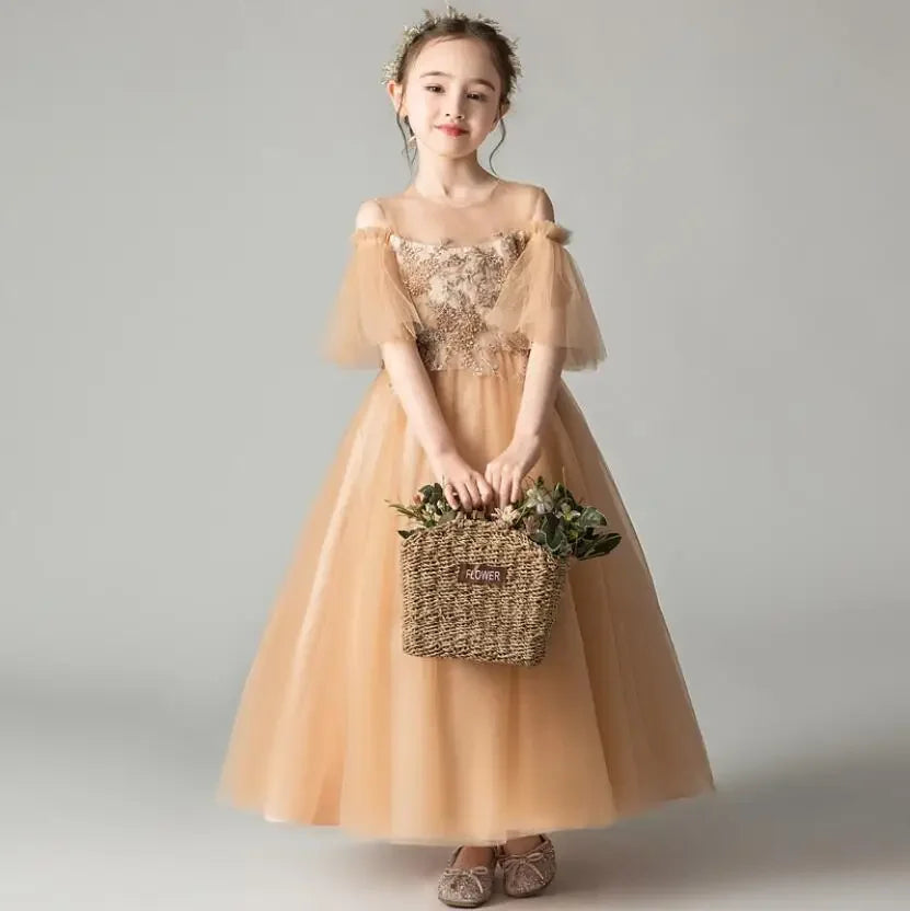 Golden Sequin Flower Girl Dress Off Shoulder Children Wedding Bridemaid Dress Long Gowns Girl Boutique Party Wear Elegant Frocks - Seprincess