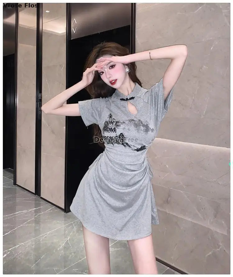 New 2024 Retro Daily Leisure Qipao Dress Chinese Style Printing Improved Cheongsam Fashionable Wrinkled Waist Design Thin Dress - Seprincess