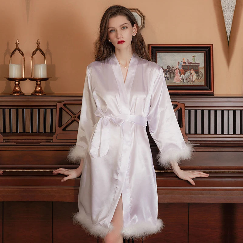 Women Feather Robe With Fur Sleepwear Bride Morning Satin Robes Nightgown Dress Elegant Wedding Bridesmaid Robe Gown Bathrobe - Seprincess