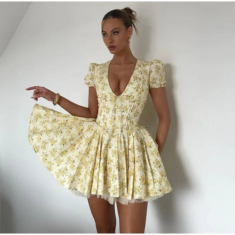 Sexy Deep V Neck Pleated Dress for Women Chic Print Short Puff Sleeve Mini Dresses 2024 Fashion Female Night Party Club Vestidos - Seprincess