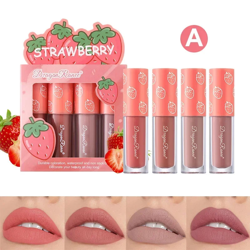 4pcs/set Matte Fruit Lip Glaze Long Lasting Liquid Lipsticks Mini Matte Lip Glaze Set Non-Fade Non-Stick Waterproof Lipsticks - Seprincess