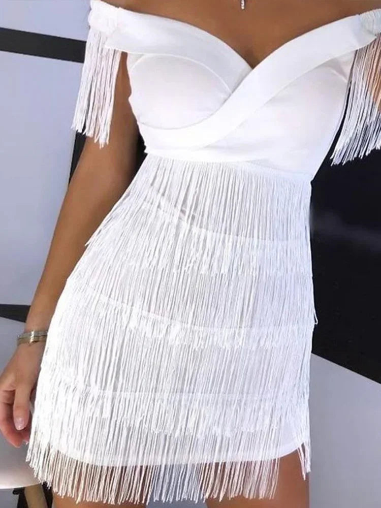 Sexy Sleeveless Bodycon Dress Women White Off Shoulder Tassel Female Short Dresses 2023 Summer Party Club Bandage - Seprincess