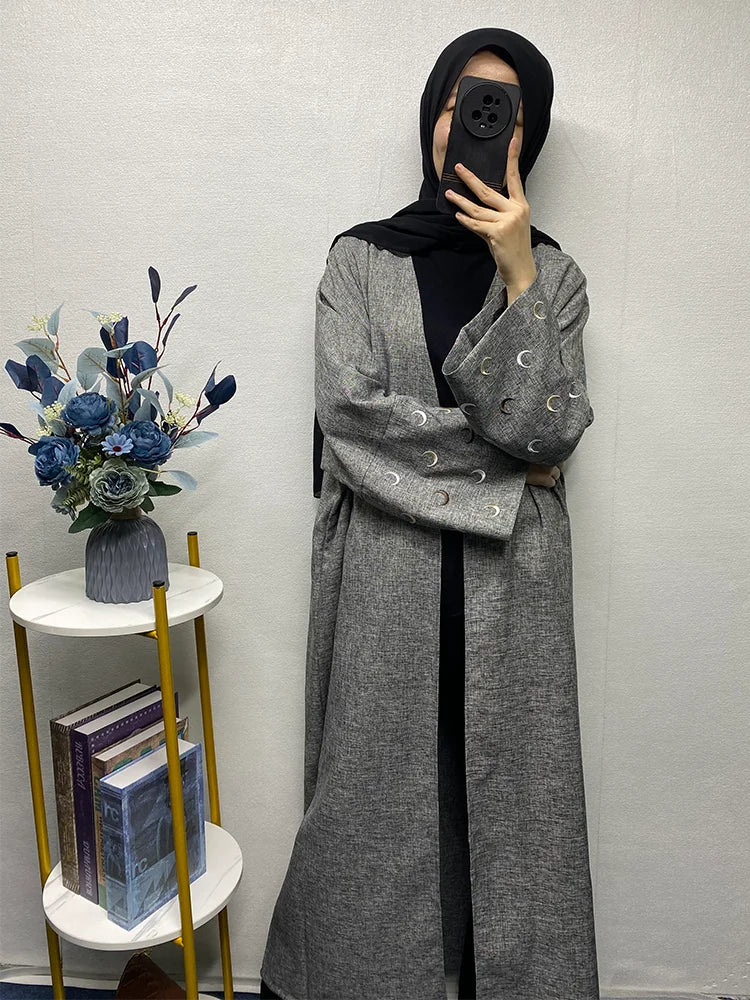 Moon Embroidery Abaya with Loose Bat Sleeves Ramadan for Women 2024 Linen Kimono Open Robe Heart Design Islamic Women‘s Clothing - Seprincess