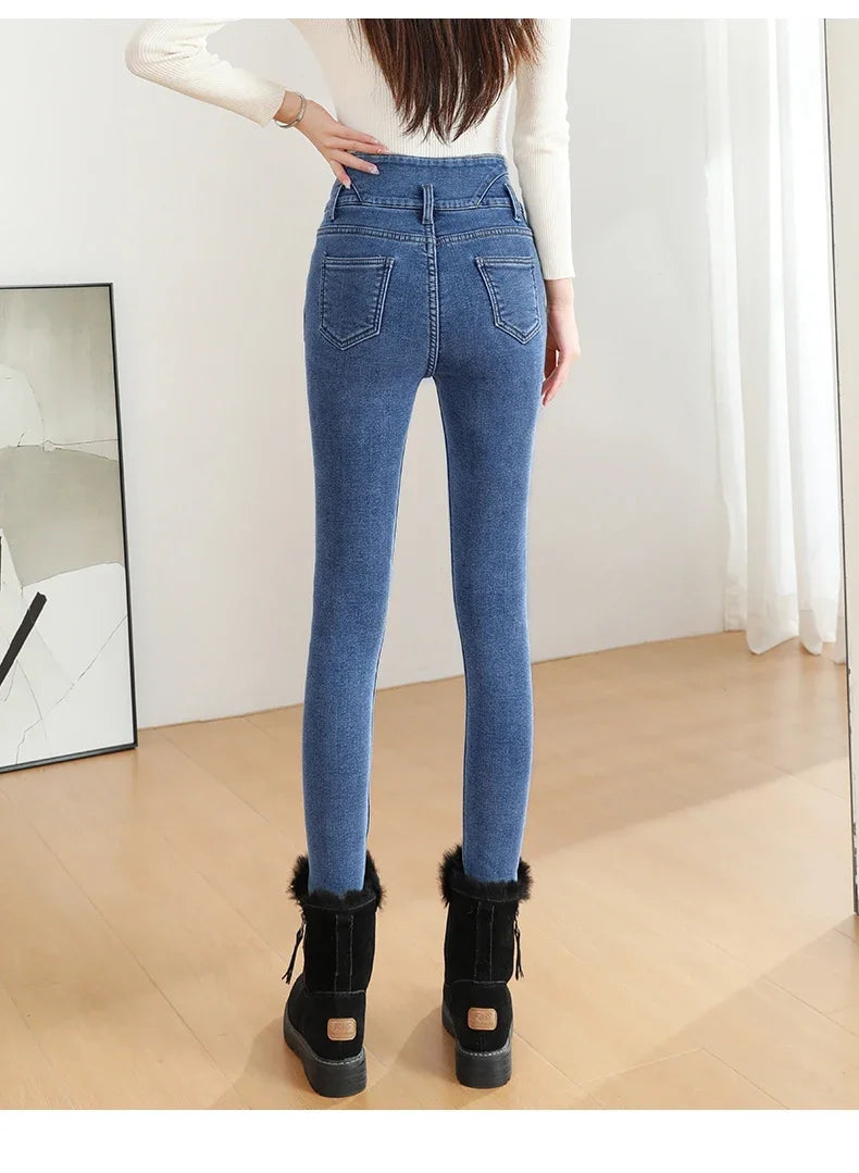 Black Fleece Warm Women Winter Jeans Thickened High Waist Multi-button Skinny Stretch Denim Pants Fashion Korean Female Trousers