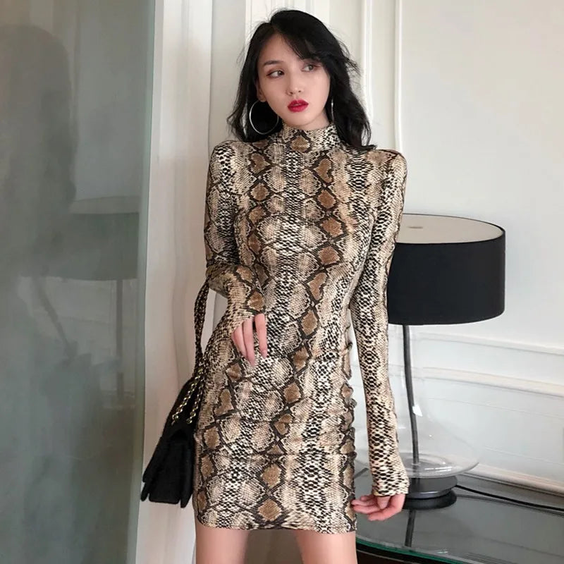 Fashion Vintage Snake Print Dress Turtleneck Sexy Long Sleeve Tight Dress For Women - Seprincess