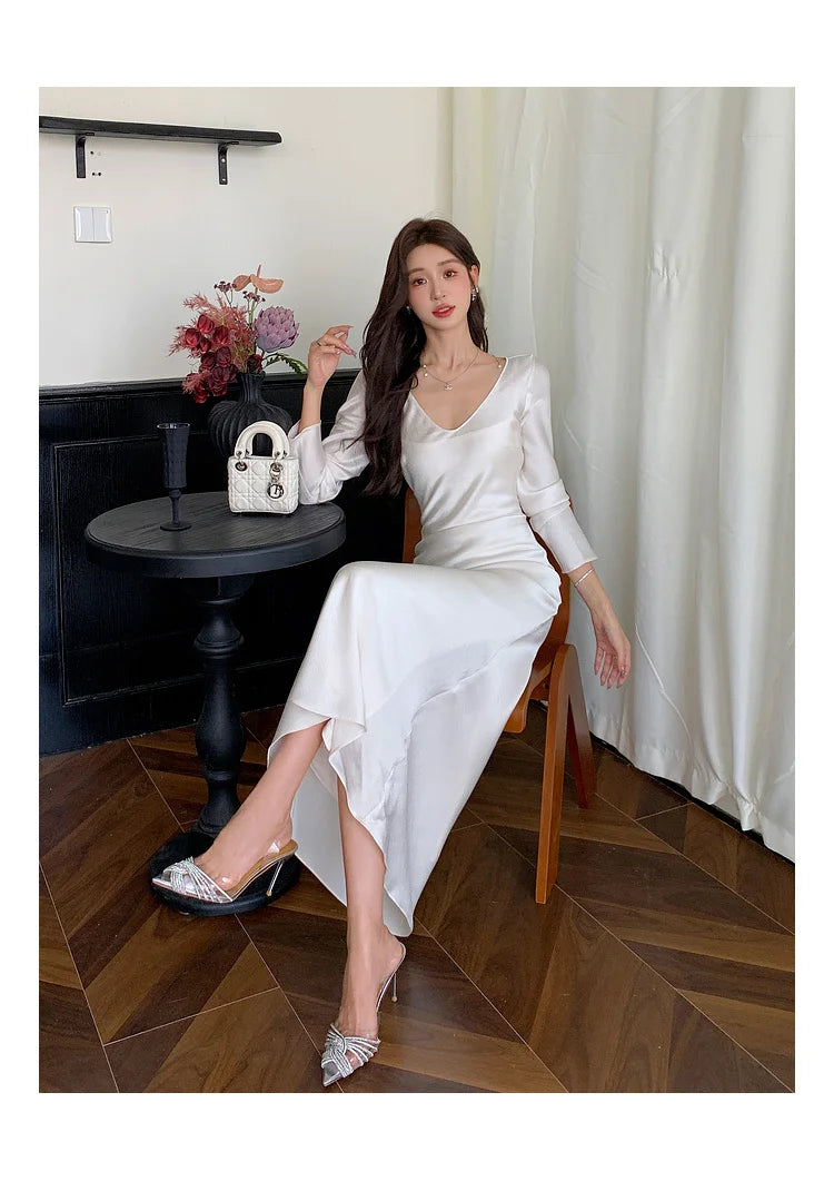 Autumn Solid Satin Long Dresses Women Wedding Evening Party Dress with Camisole Prom Robe V-Neck Long Sleeves Mermaid Vestidos - Seprincess