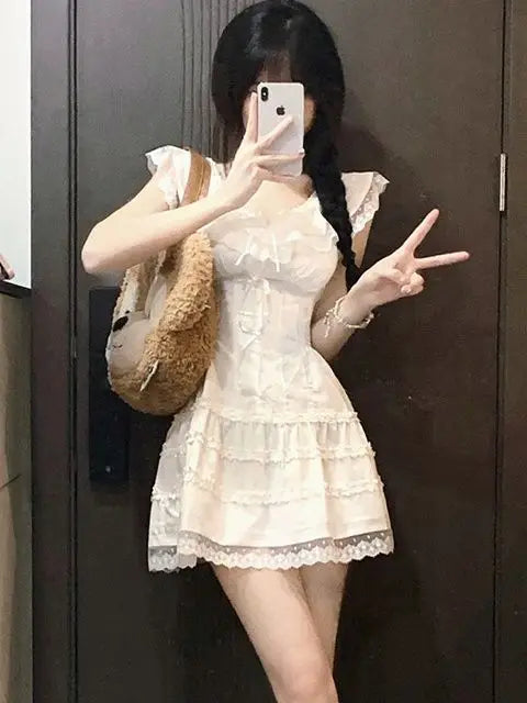 QWEEK Y2k Coquette White Lolita Sweet White Kwaii Cute Mini Dress Women Lace Bow Princess Slip Lace Short Dresses 2024 Fashion - Seprincess