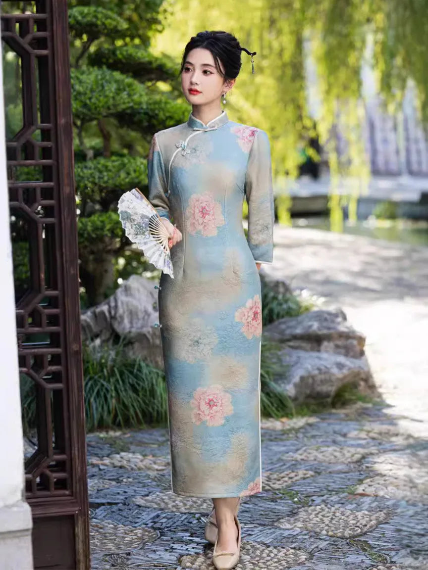 2024 Autumn New Printed Long Cheongsam Slim Fit Seven Quarter Sleeve Women's Cheongsam Qipao Dress - Seprincess