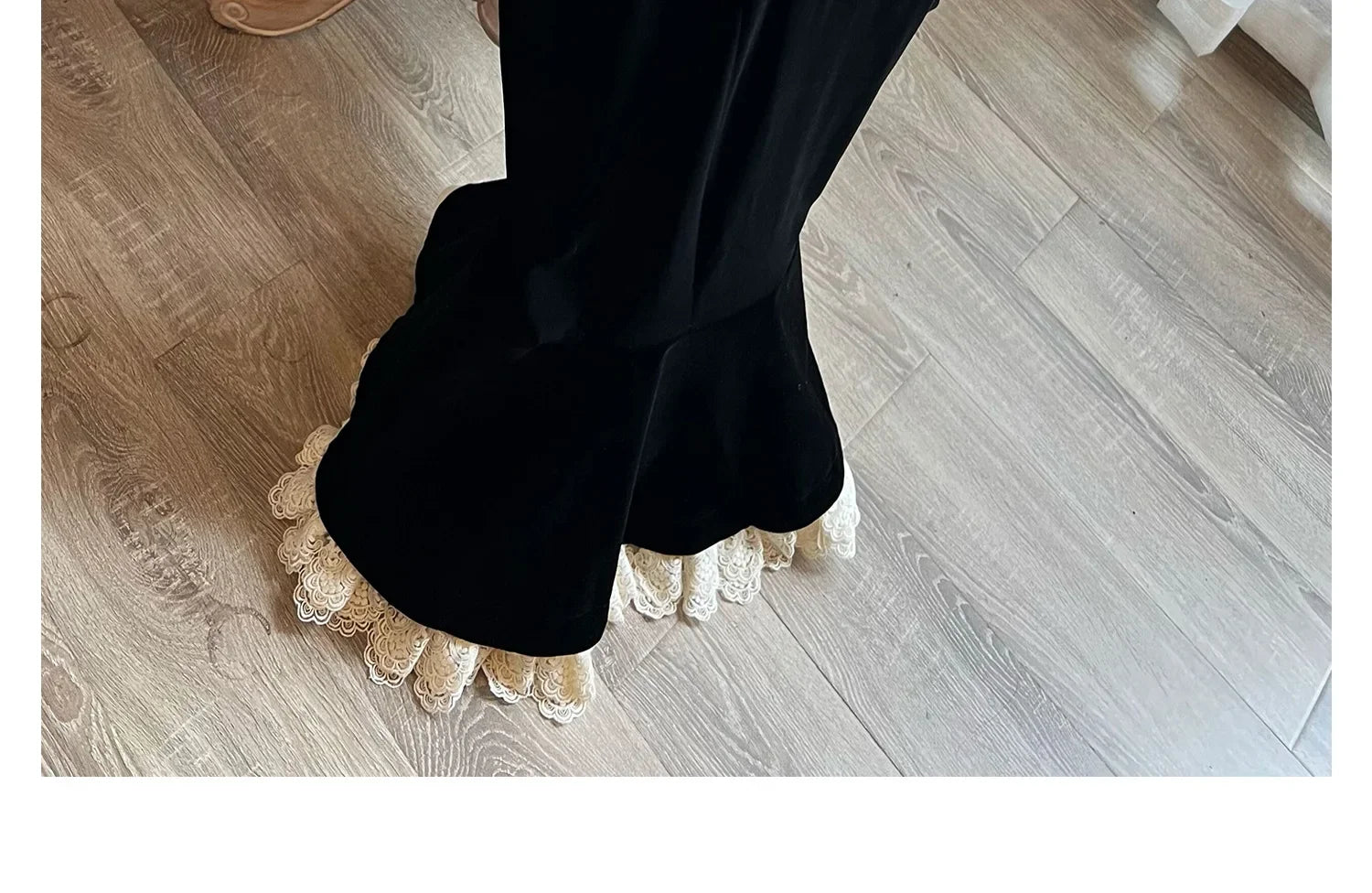 Elegant French Haban Style Fish Tail Skirt Spring Autumn Soft High Class Square Collar Long Sleeve Black Velvet Long Dress - Seprincess