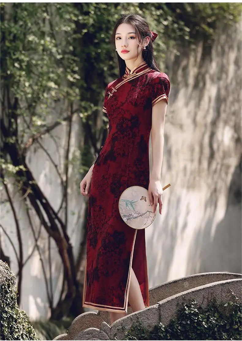 Wine Red Long Short Sleeves Cheongsam 2023 New Improved Young women Summer Silk and Satins Fashion One Piece Chinese Qipao Dress - Seprincess