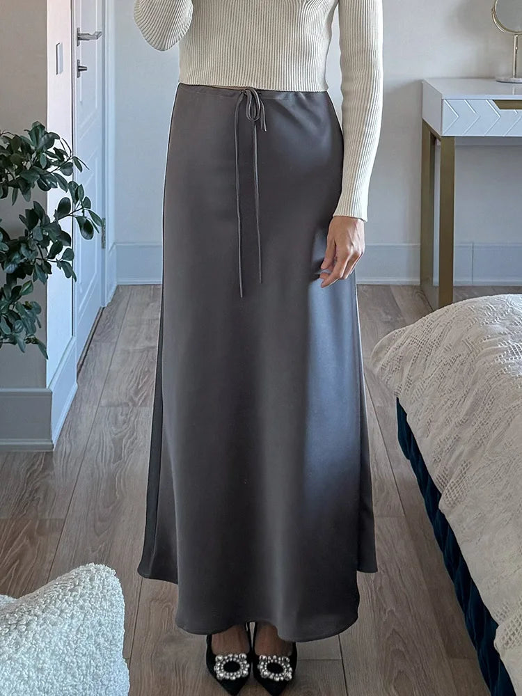 Long Black Satin Skirts For Women 2024 Autumn Winter Maxi Brown Burgundy Skirts Ladies Green Lace Up Women Satin Silk Skirt