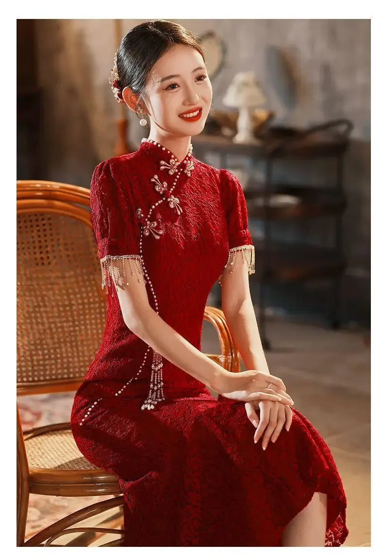 Mermaid Chinese Traditional Dress Red Wedding Bride Toast Clothing Sexy Ladies Cheongsam for Evening Party Woman Vintage Qipao - Seprincess