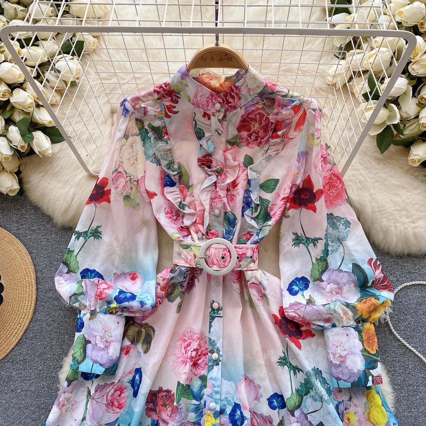 Print Belt Lantern Long Sleeve Patchwork Single Breasted Dress A-line Casual Women Fashion Autumn Spring Vestidos Short Dress - Seprincess