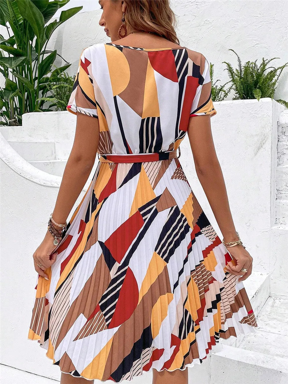 Elegant Print Lace-up Dress Summer Women Round Neck Pleated Medium Long Dress - Seprincess