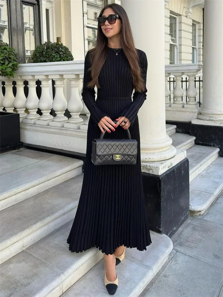 Tossy Lace-Up Female Knit Maxi Dress Autumn High Waist Fashion Patchwork Long Sleeve Loose Solid Dress Bandage Knitwear Dress - Seprincess