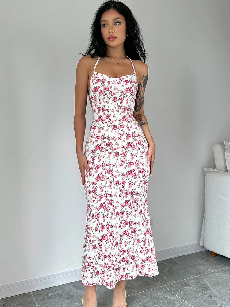 Dulzura Lace Up Halter Floral Long Dress For Women Backless Bodycon Midi Dress Sexy Party Club Outfit Streetwear Sundress Summer