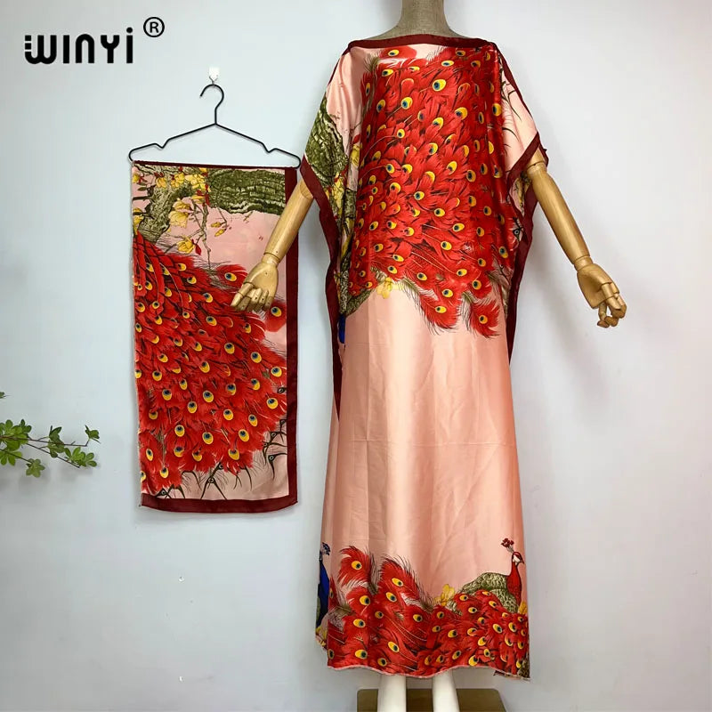 WINYI Africa summer kaftan with belt Women Classic peacock print Caftan Elegant Holiday summer Maxi silk Bohemian party dress - Seprincess