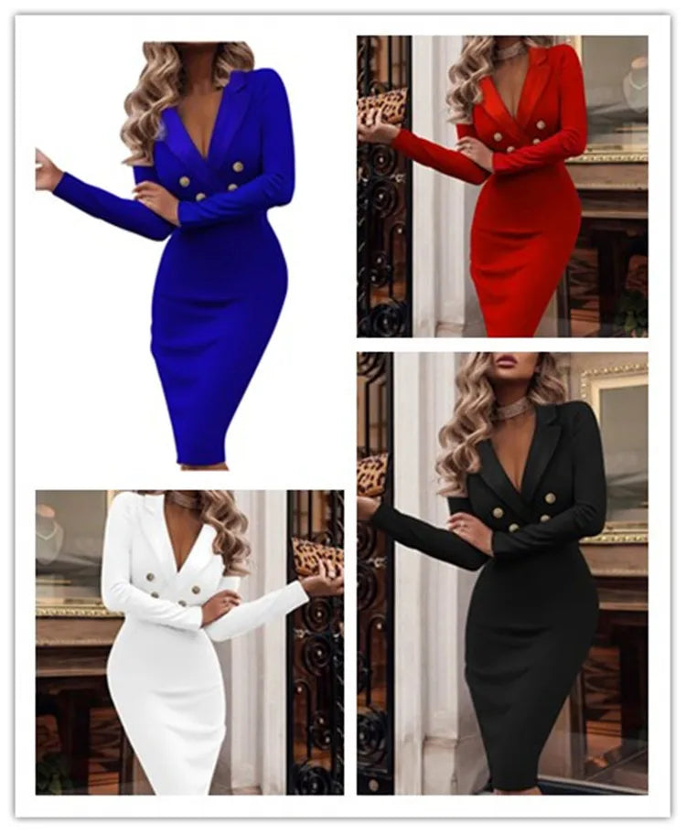 2023 Autumn Winter Solid Color V-neck Double Breasted Suit Package Hip Dresses For Women Elegant Office Ladies Bodycon Dress - Seprincess