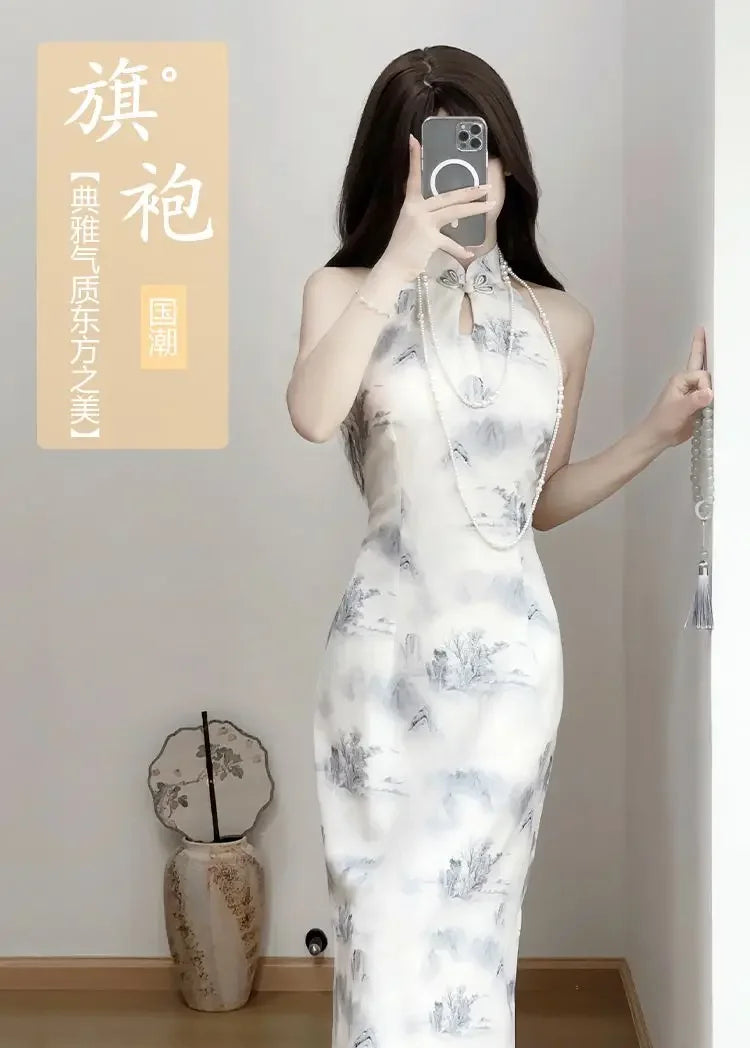 Modern Chinese Style Qipao 2024 New Improved Summer Youth New Hanging Neck Cheongsam Girl Elegant Long Dress With Shawl Women - Seprincess