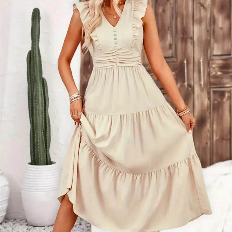 Y.KUKU Brand Long Dress Women Casual Slim Fit Summer Sleeveless High Waist V Neck Jacquard A-line Dresses Vacation Vestidos - Seprincess