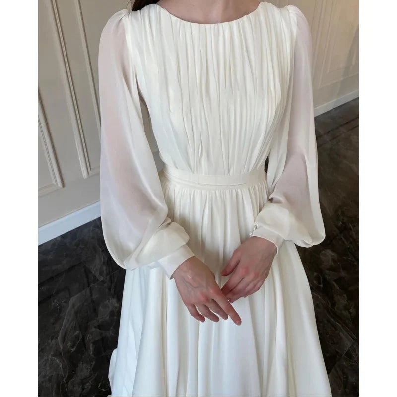 Autumn fashion lantern Pearl gauze white wedding dress crew neck dress - Seprincess