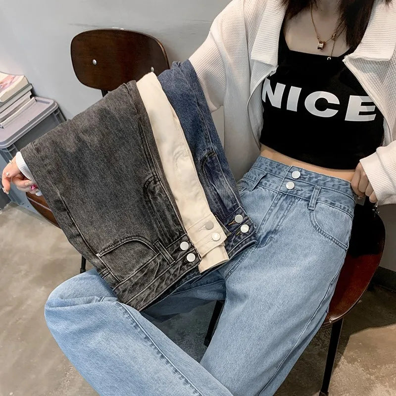 Denim Jeans Women Casual Fashion Button Design Pants Loose Straight Brand High Quality New Arrivals Trousers