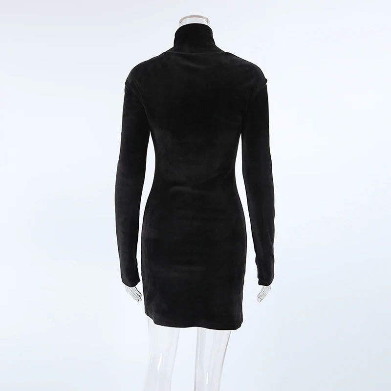 MSCSZ Black Velvet Mini Dress Women Turtleneck Long Sleeve Autumn Winter Dress 2024 New Bodycon Short Dresses With Slit - Seprincess