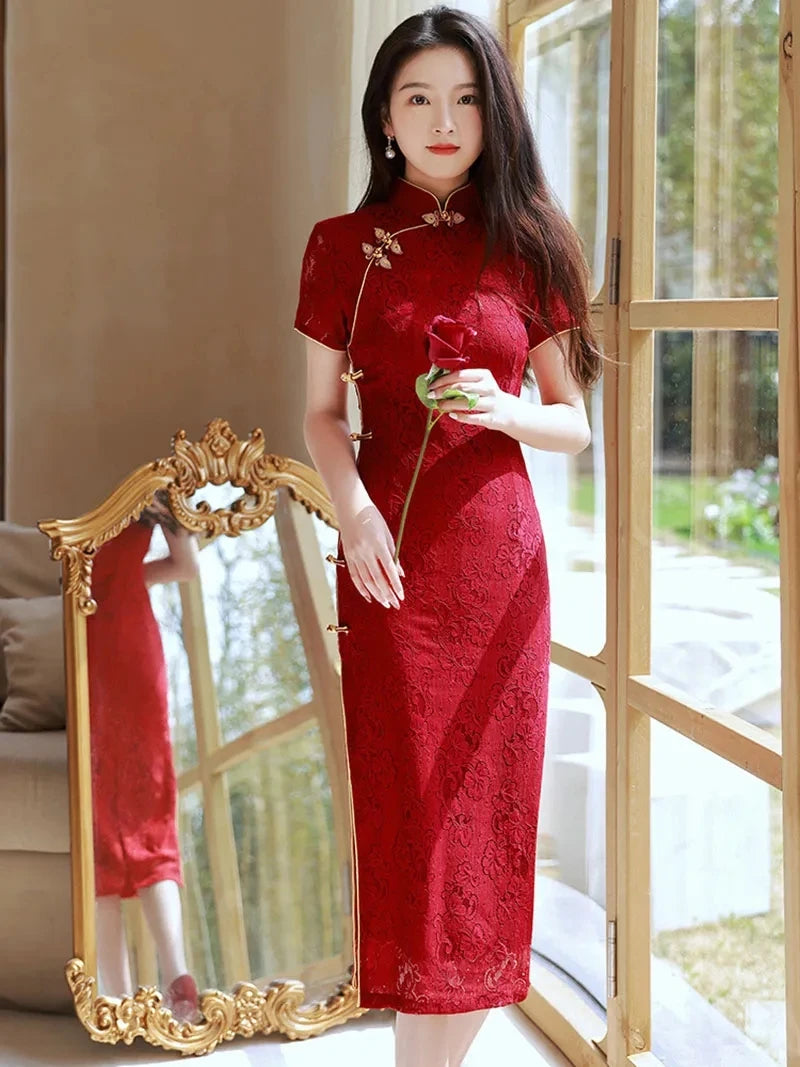 Wine Red Wedding Cheongsam Short Sleeve Vintage Improved Women Summer Lace Dress Slim-fit Elegant Qipao S To XXL - Seprincess