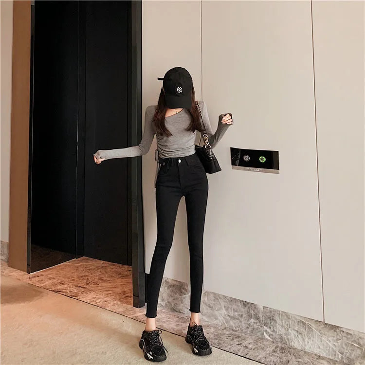 Jeans Women Spring 2023 Fashion Beige High Waist Leggings Skinny Label Pencil Pants Boots Pants