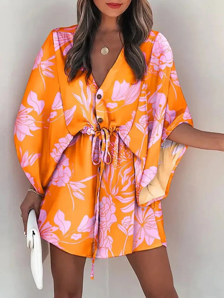 Summer Casual Dress Women Fashion Flying Sleeve V-neck Print Beach Party Dresses Elegant Lace Up Mini Dress Robe Femme 2023 New - Seprincess