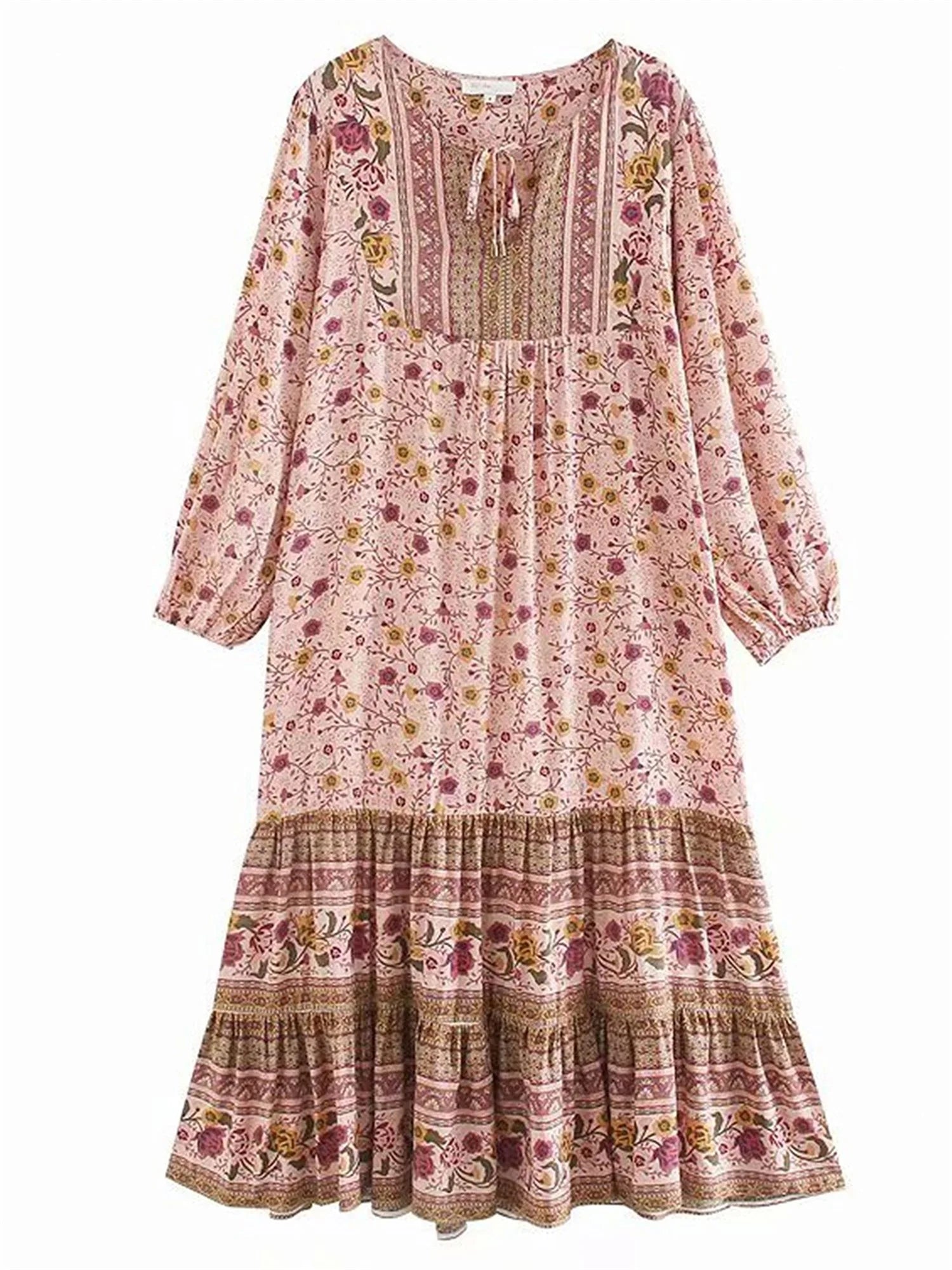 Bohemian Style Maxi Dress with Vintage Floral Print Long Puff Sleeves V-Neckline and Flowy A-Line Silhouette Perfect for - Seprincess