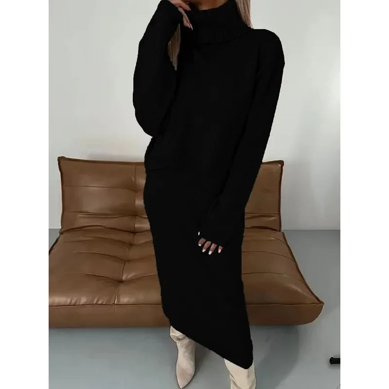 Autumn Winter Women Two Piece Skirt Set Elegant Fashion Knitted Long Sleeve Turtleneck Pullover Top Loose Skirt Suit Outfits - Seprincess