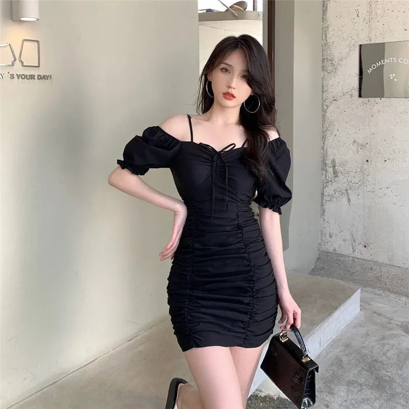 Summer 2022 New Korean Style Bubble Sleeve Pleated Drawstring Slim Dress Elegant Women's Club Party Dress Sexy Robe - Seprincess