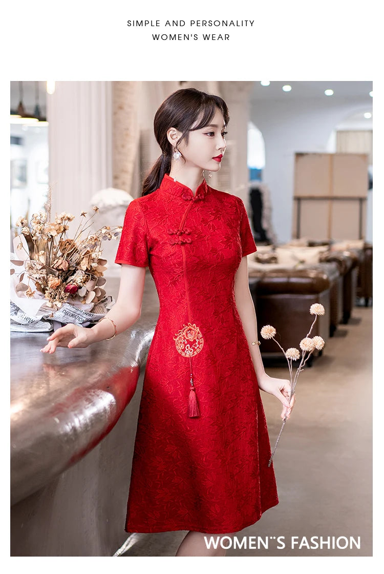 Chinese Traditional Retro Red Modern Improved Cheongsam Summer New Short Sleeve Engagement Qipao Dress - Seprincess