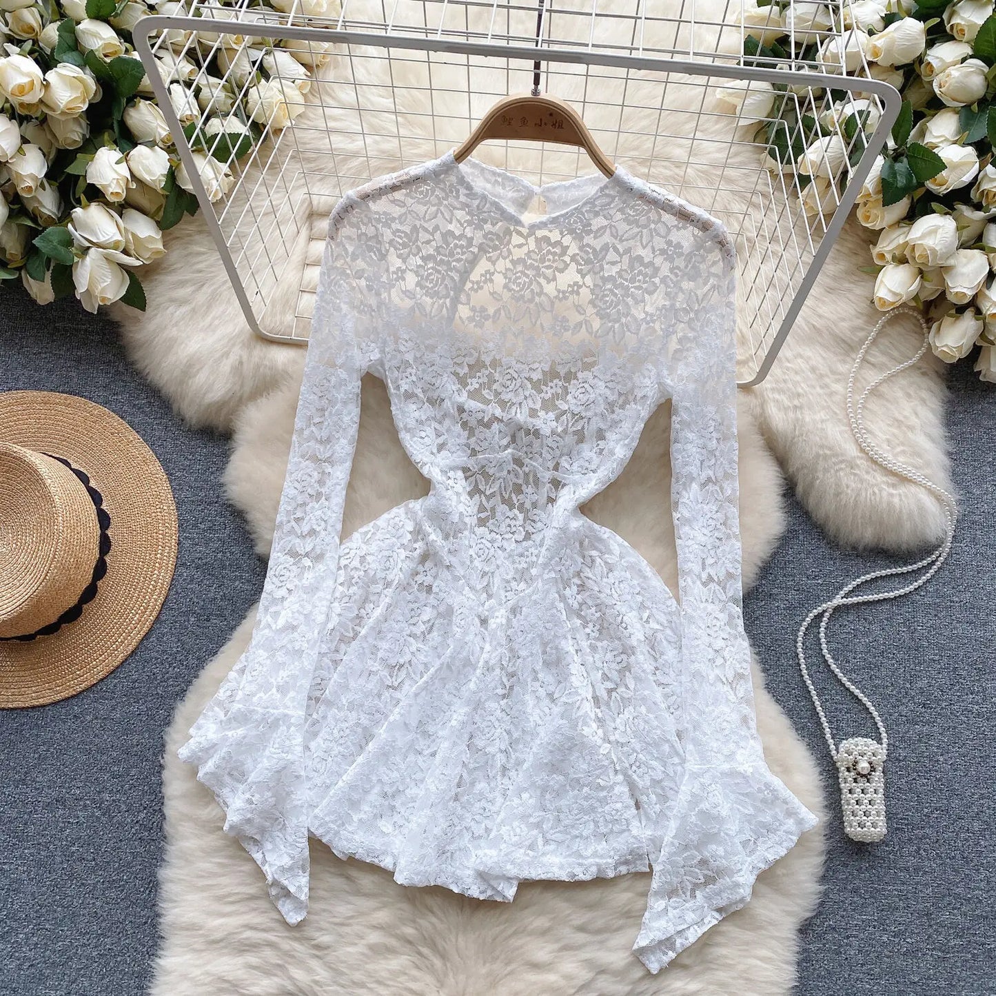 Women's Autumn Mesh Lace Hollow Out White Short Dress Women Micro Flare Sleeve See Through Translucent Sexy Girl's Mini Dress - Seprincess