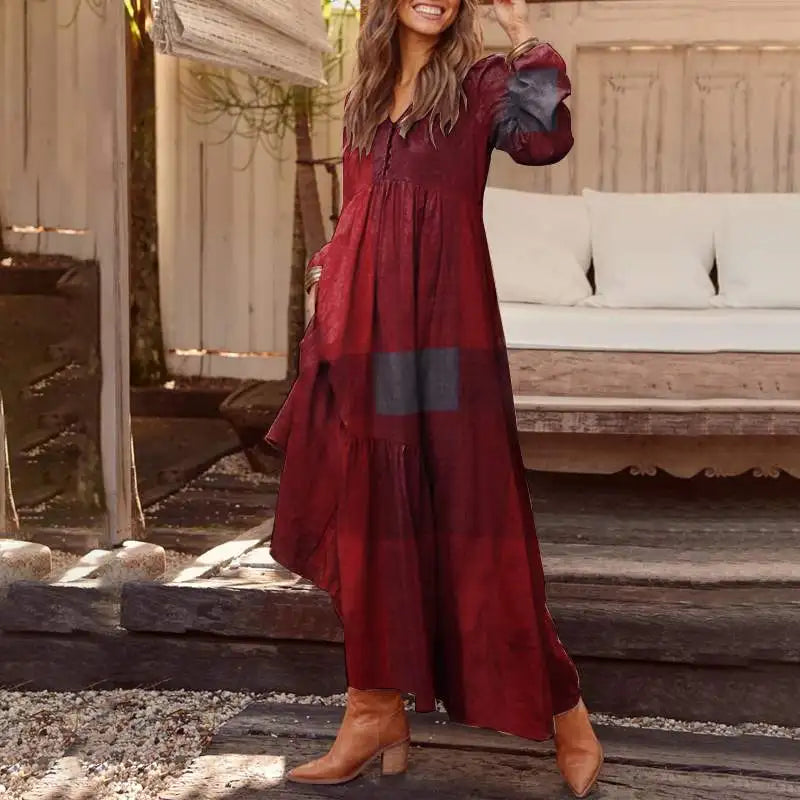 ZANZEA Autumn Long Puff Sleeve Maxi Dress Women Vintage Tiered Plaid Long Robes Fashion Cotton Linen V Neck Vestido Casual Dress - Seprincess