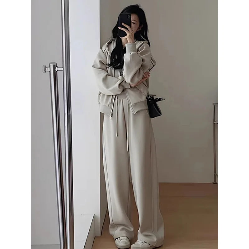 2024 Autumn Winter New Solid Loose Women's Hoodie and Sweatpants Two Piece Set Korean Fashion Y2k Zip Up Hoodie Sweatshirts - Seprincess