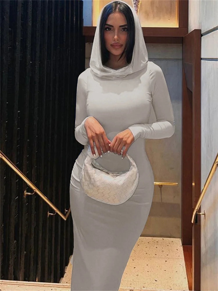 Simenual Solid Casual Hooded Long Sleeve Maxi Dress Fashion Elegant Women Hem Split Bodycon Dresses Y2K Basic Trim Streetwear - Seprincess