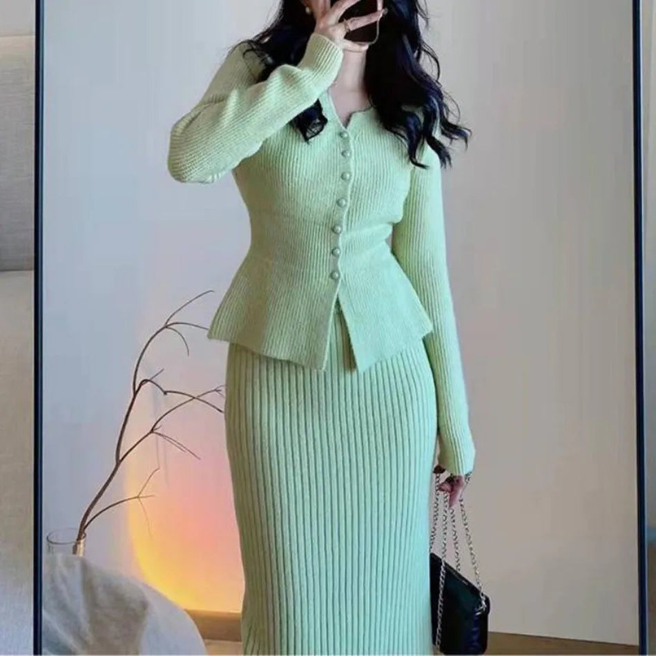 New Autumn Winter Dress Two Piece Sets Womens Outifits Korean Fashion Elegant Women's Cardigan Long Skirt Sets Female Clothing - Seprincess