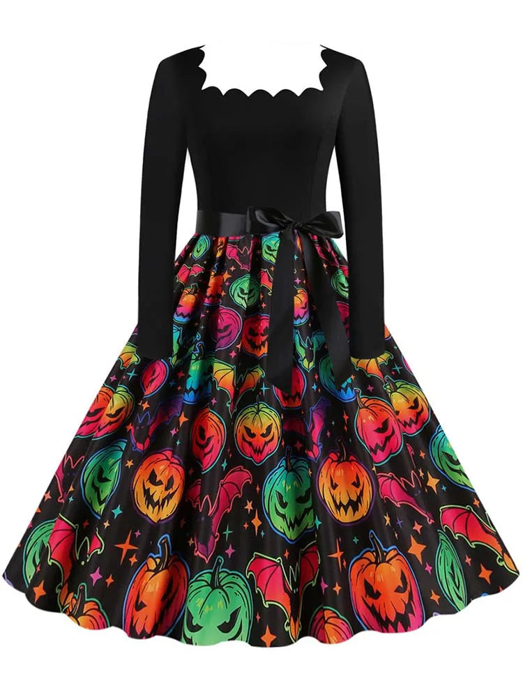 Halloween Dress For Women Square Collar Long Sleeve Print Vintage Evening Party Elegant 50s 60s Robe Midi Sundress - Seprincess